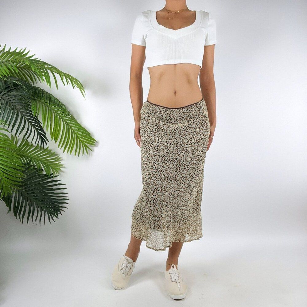 Vintage Green Ditsy Floral Fairycore Low Rise Bohemian Cottagecore Midi Skirt /S